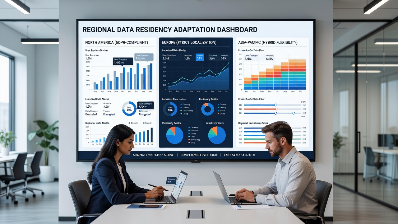 Regional data processing nodes feeding compliant visualizations into a unified SaaS analytics interface